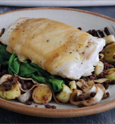 Kerrymaid's Welsh Rarebit topped Cod Fillet with Braised Leeks